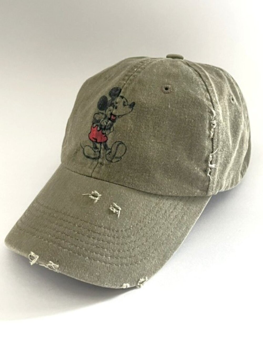 Disney Parks Mickey Mouse Hat Cap Distressed Olive Army Green Adjustable